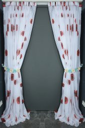 TERGAL GÜLLÜ MODEL BEYAZ RENK TEK KANAT Hazır dikilmiş Pileli Fon Perde 300*260 cm thumbnail 7