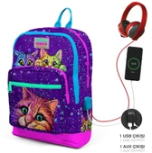 Coral High Kids Mor Pembe Kedi Desenli USB'li 3'lü Okul Çanta Seti - Kız Çocuk İlkokul Çanta Takımı - 3
