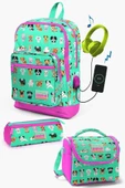 Coral High Kids Su Yeşili Neon Pembe Köpek Desenli USB'li 3'lü Okul Çanta Seti - Kız Çocuk thumbnail 1