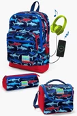 Coral High Kids Lacivert Kırmızı Köpek Balığı Desenli USB'li 3'lü Okul Çanta Seti - Erkek Çocuk thumbnail 1