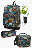 Coral High Kids Koyu Gri Siyah Kamuflaj Dinozor Desenli USB'li 3'lü Okul Çanta Seti - Erkek Çocuk thumbnail 1