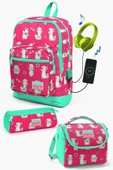 Coral High Kids Neon Mercan Su Yeşili Alpaka Desenli USB'li 3'lü Okul Çanta Seti - Kız Çocuk thumbnail 1