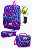 Coral High Kids Mor Pembe Kaktüs Desenli USB'li 3'lü Okul Çanta Seti - Kız Çocuk - 1
