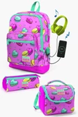 Coral High Kids Açık Pembe Su Yeşili Makaron Desenli USB'li 3'lü Okul Çanta Seti - Kız Çocuk - 1