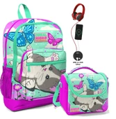 Coral High Okul Çantası ve Beslenme Çantası Seti - Kız Çocuk Sevimli Kedi ve Kelebek - USB Soketli thumbnail 1