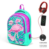 Coral High Okul Sırt Çantası ve Beslenme Çantası Seti - Kız Çocuk Pembe Flamingo - USB Soketli thumbnail 2