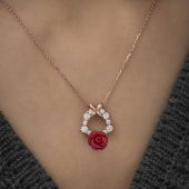 925 Ayar ​​Gümüş Rose Kırmızı Gül Kolye - 3