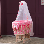 Setay Doğal Ağaç Beşik, Kristal Sepet Beşik + Uyku Seti + Cibinlik - Pembe - 1