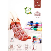 Özel Üretim (3 Çift) Kalın Kışlık 100 Yün Çizgili - Motif Desenli Çorap - 1