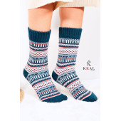 Özel Üretim (3 Çift) Kalın Kışlık 100 Yün Çizgili - Motif Desenli Çorap - 5