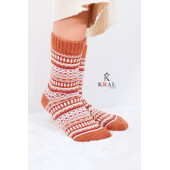 Özel Üretim (3 Çift) Kalın Kışlık 100 Yün Çizgili - Motif Desenli Çorap - 7