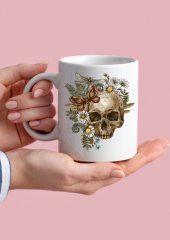 Çiçekli Kurukafa Temalı Sanat Özel Tasarım Baskılı Kupa Bardak Hediye Bardak thumbnail 1