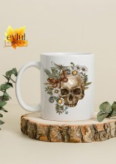 Çiçekli Kurukafa Temalı Sanat Özel Tasarım Baskılı Kupa Bardak Hediye Bardak thumbnail 2