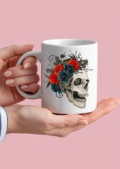 Çiçekli Kurukafa Temalı Sanat Özel Tasarım Baskılı Kupa Bardak Hediye Bardak thumbnail 1