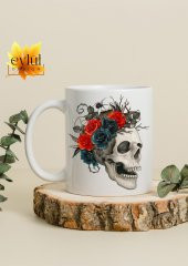 Çiçekli Kurukafa Temalı Sanat Özel Tasarım Baskılı Kupa Bardak Hediye Bardak thumbnail 2