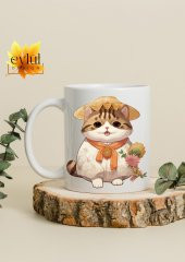 Sevimli Şapkalı Kedi Temalı Sevimli Özel Tasarım Baskılı Kupa Bardak Hediye Bardak thumbnail 2