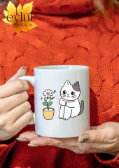 Çiçek ve Kedi Temalı Sevimli Özel Tasarım Baskılı Kupa Bardak Hediye Bardak - 1