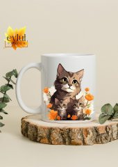 Çiçekli Kedi ve Yavruları Temalı Sanat Özel Tasarım Baskılı Kupa Bardak Hediye Bardak - 1