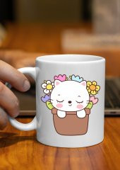 Çiçekli Kedi Temalı Sevimli Özel Tasarım Baskılı Kupa Bardak Hediye Bardak thumbnail 1