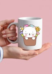 Çiçekli Kedi Temalı Sevimli Özel Tasarım Baskılı Kupa Bardak Hediye Bardak thumbnail 2