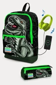 Coral High Koyu Yeşil Siyah Dinazor Desenli USB'li 2'li Okul Çanta Seti - Erkek Çocuk thumbnail 1
