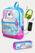 Coral High Kids Mavi Neon Pembe Unicorn Desenli USB'li 2'li Okul Çanta Seti - Kız Çocuk - 1