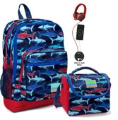Coral High Okul Çantası ve Termal Beslenme Çanta Seti - Erkek Çocuk Mavi Köpekbalığı USB ve AUX Çıkışlı - 1