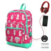 Coral High Okul Çantası ve Beslenme Çantası Seti - Kız Çocuk Yeşil Kırmızı Lama - USB Soketli thumbnail 2
