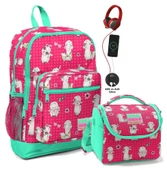 Coral High Okul Çantası ve Beslenme Çantası Seti - Kız Çocuk Yeşil Kırmızı Lama - USB Soketli thumbnail 1