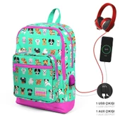 Coral High Okul Çantası ve Beslenme Çantası Seti - Kız Çocuk Yeşil Pembe Köpek - USB Soketli thumbnail 2