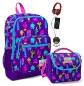 Coral High Baskılı Okul Çantası ve Beslenme Çantası Seti - Kız Çocuk Mor Kaktüs - USB Soketli thumbnail 1