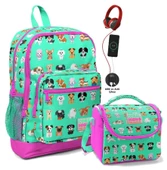 Coral High Okul Çantası ve Beslenme Çantası Seti - Kız Çocuk Yeşil Pembe Köpek - USB Soketli thumbnail 1