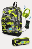 Coral High Kids Siyah Gri Kamuflaj Desenli USB'li 2'li Okul Çanta Seti - Erkek Çocuk - 1