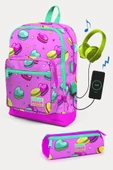 Coral High Kids Açık Pembe Su Yeşili Makaron Desenli USB'li 2'li Okul Çanta Seti - Kız Çocuk - 1