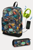 Coral High Kids Koyu Gri Siyah Kamuflaj Dinozor Desenli USB'li 2'li Okul Çanta Seti - Erkek Çocuk - 1
