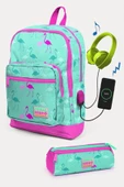 Coral High Kids Su Yeşili Neon Pembe Flamingo Desenli USB'li 2'li Okul Çanta Seti - Kız Çocuk - 1