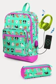 Coral High Kids Su Yeşili Neon Pembe Köpek Desenli USB'li 2'li Okul Çanta Seti - Kız Çocuk thumbnail 1