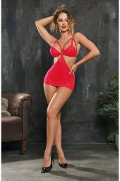 Kadın Kırmızı Simli Likralı Dantel Gecelik Takım thumbnail 1