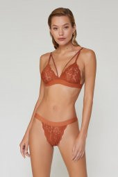 Velvet Dantelli Üçgen Pudra Bralet Takım - 1