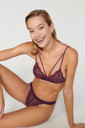 Velvet Dantelli Üçgen Mor Bralet Takım thumbnail 5