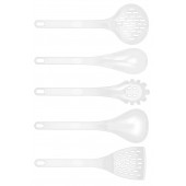 Beyaz Teflon 5li Kepçe Seti 220 Dereceye Dayanıklı Kepçe, Kevgir, Makarna Kepçesi, Kaşık, Spatula - 3