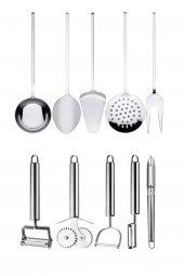 10 Parça Mutfak Hazırlık Seti Servis Kaşığı, Kepçesi, Çatalı, Kevgiri, Spatulası ve Soyacak Seti - 1