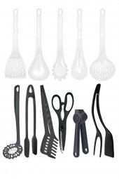 11 Parça Mutfak Çeyiz Seti,Teflon Kepçe Seti,Izgara Maşası,Çırpıcı,Makas,Spatula. - 1