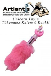 Unicorn Tüylü Tükenmez Kalem 6 Renkli 1 Adet Pembe Pelüş Tükenmez Kalem 6lı Renk Sevimli Hediye Peluş Süslü Tükenmez Kalem - 1