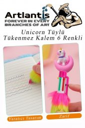 Unicorn Tüylü Tükenmez Kalem 6 Renkli 1 Adet Pembe Pelüş Tükenmez Kalem 6lı Renk Sevimli Hediye Peluş Süslü Tükenmez Kalem - 4