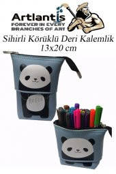 Körüklü Kalemlik Panda 1 Adet Mavi Renk Sihirli Körüklü Deri Kalemlik Kalem Çantası Sevimli Panda Kalem Kutusu - 1