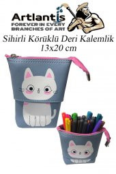 Körüklü Kalemlik Kedi 1 Adet Mavi Renk Sihirli Körüklü Deri Kalemlik Kalem Çantası Sevimli Kedi Kalem Kutusu - 1
