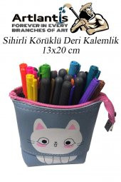 Körüklü Kalemlik Kedi 1 Adet Mavi Renk Sihirli Körüklü Deri Kalemlik Kalem Çantası Sevimli Kedi Kalem Kutusu - 3