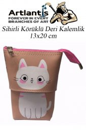 Körüklü Kalemlik Kedi 1 Adet Pudra Renk Sihirli Körüklü Deri Kalemlik Kalem Çantası Sevimli Kedi Kalem Kutusu - 2