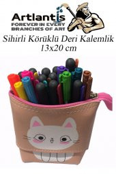 Körüklü Kalemlik Kedi 1 Adet Pudra Renk Sihirli Körüklü Deri Kalemlik Kalem Çantası Sevimli Kedi Kalem Kutusu - 3